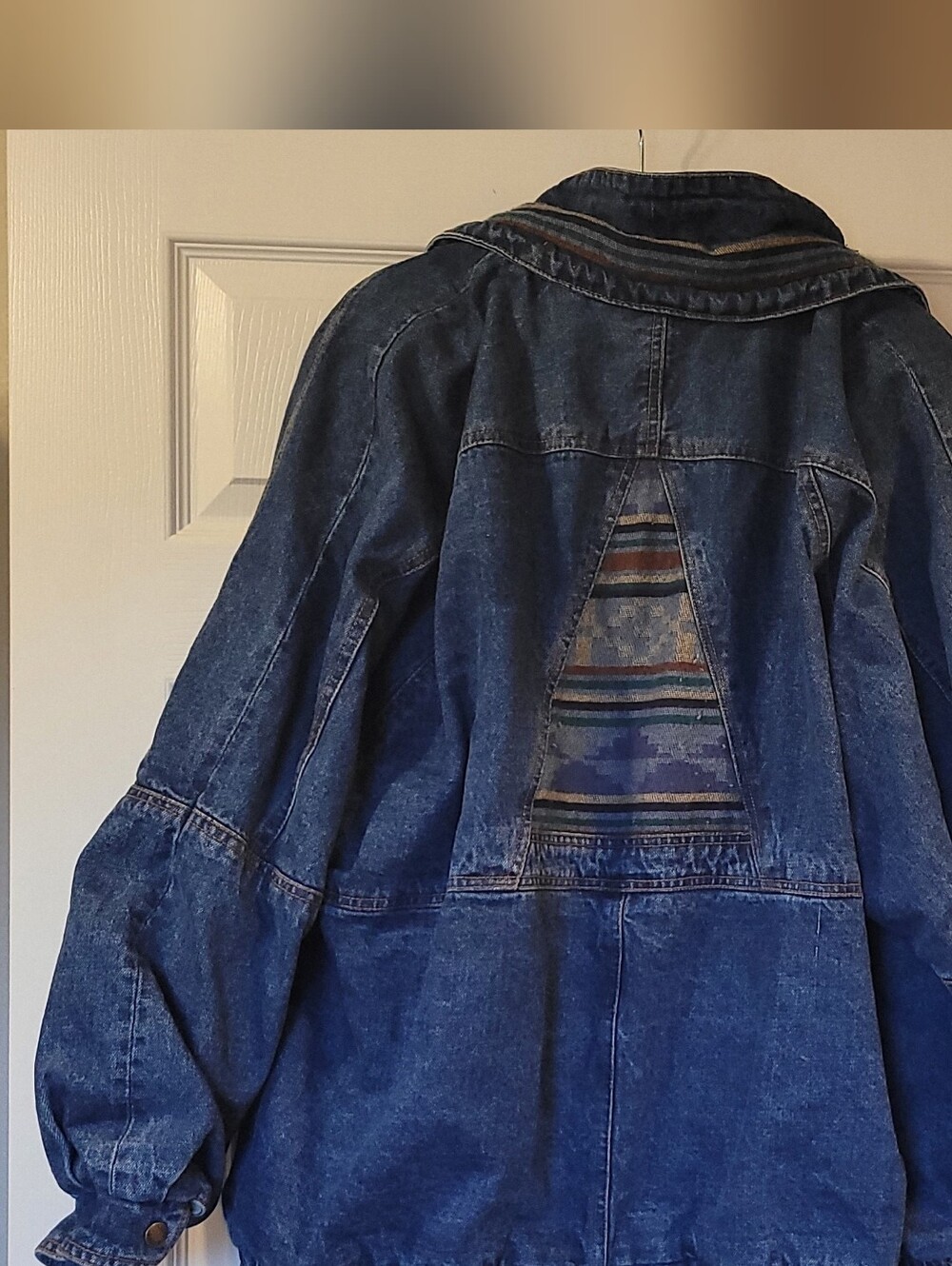 Vintage 90s Current Seen Denim Bomber Jacket 2X Southwestern Aztec Triangle Back